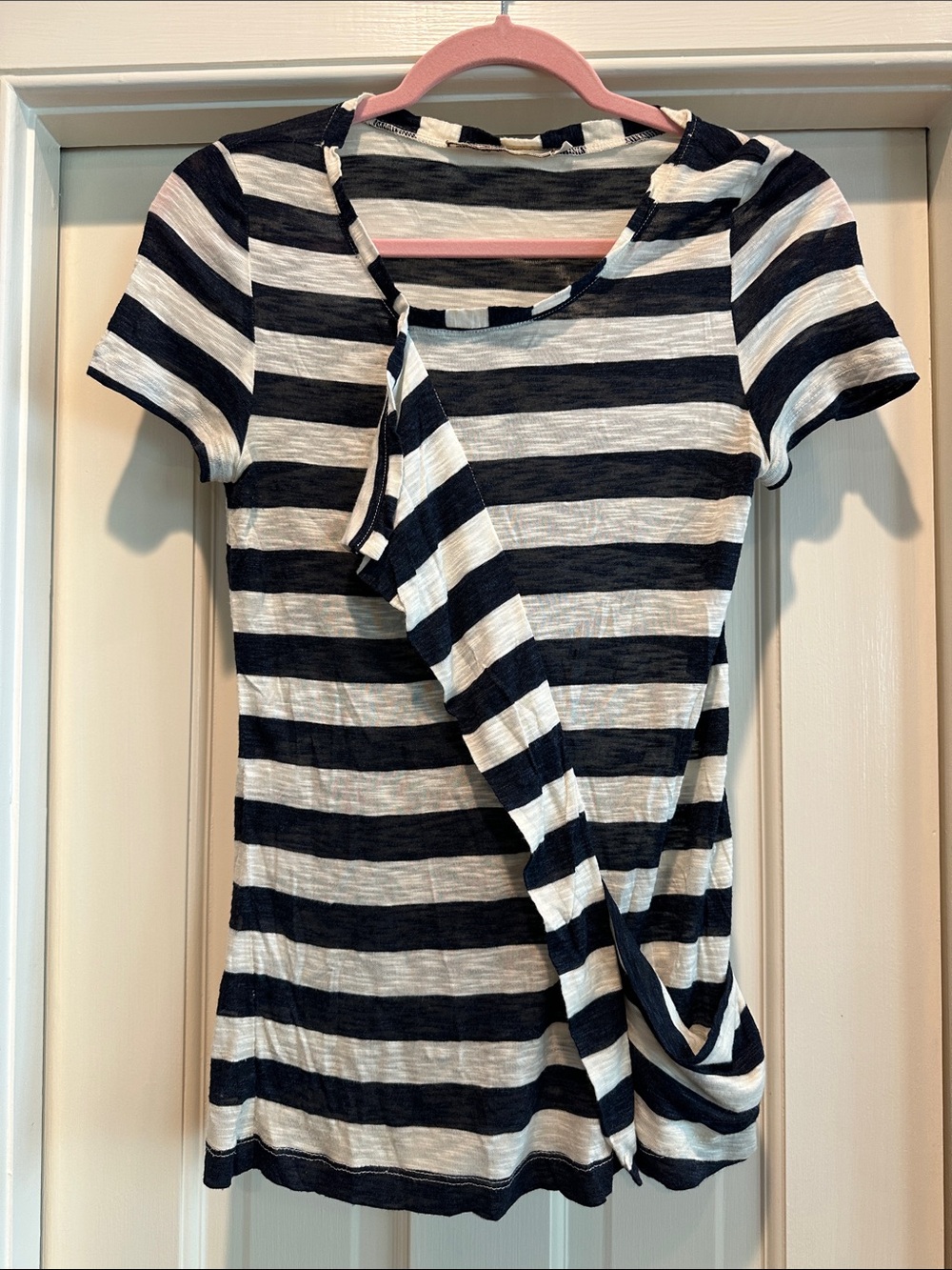 Mint Black and White Striped Short Sleeve Twist-Front Tee